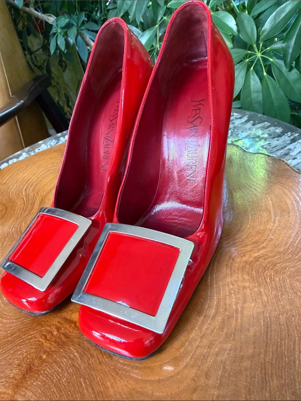 Red Patent Yves Saint Laurent Block Heel Square Embellished Toe